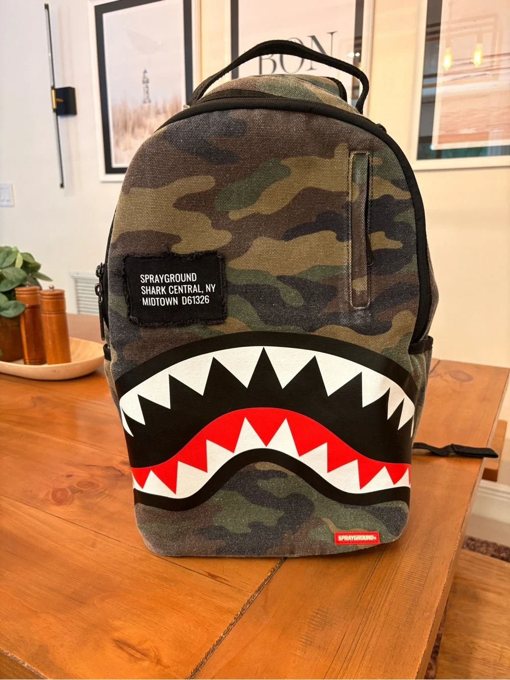 Sprayground Camo Shark Backpack with Red & White Mouth